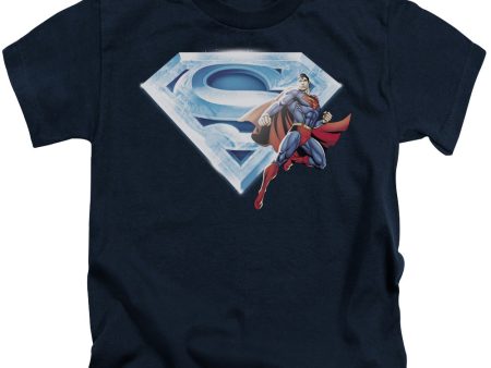 SUPERMAN : SUPERMAN AND CRYSTAL LOGO S\S JUVENILE T-SHIRT 18\1 NAVY MD (5\6) For Sale